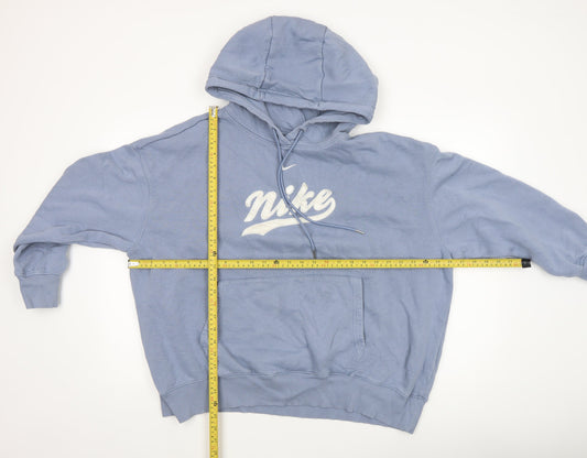 Nike Women Blue Pullover Hoodie L Logo Print Cotton Blend