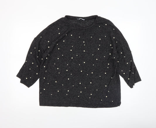 Zara Women Black Beaded Tunic Blouse Size S 3/4 Sleeve Knit Stretch Top