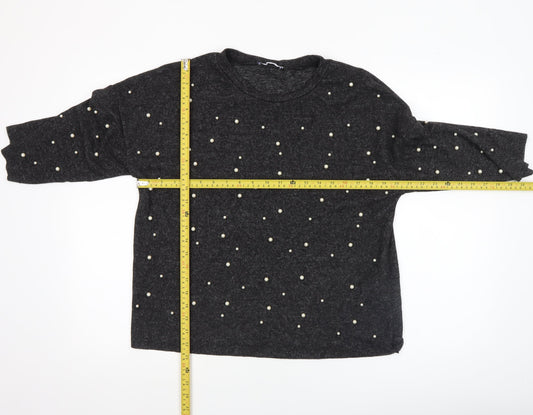 Zara Women Black Beaded Tunic Blouse Size S 3/4 Sleeve Knit Stretch Top