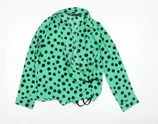 Zara Women’s Green Polka Dot Wrap Blouse Size 12 Long Sleeve