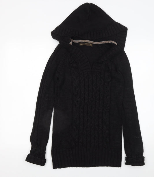 Zara Women's Black Hooded Cable-Knit V-Neck Pullover Jumper Size 12