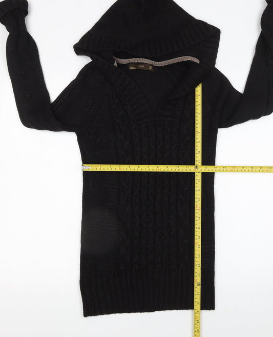 Zara Women's Black Hooded Cable-Knit V-Neck Pullover Jumper Size 12