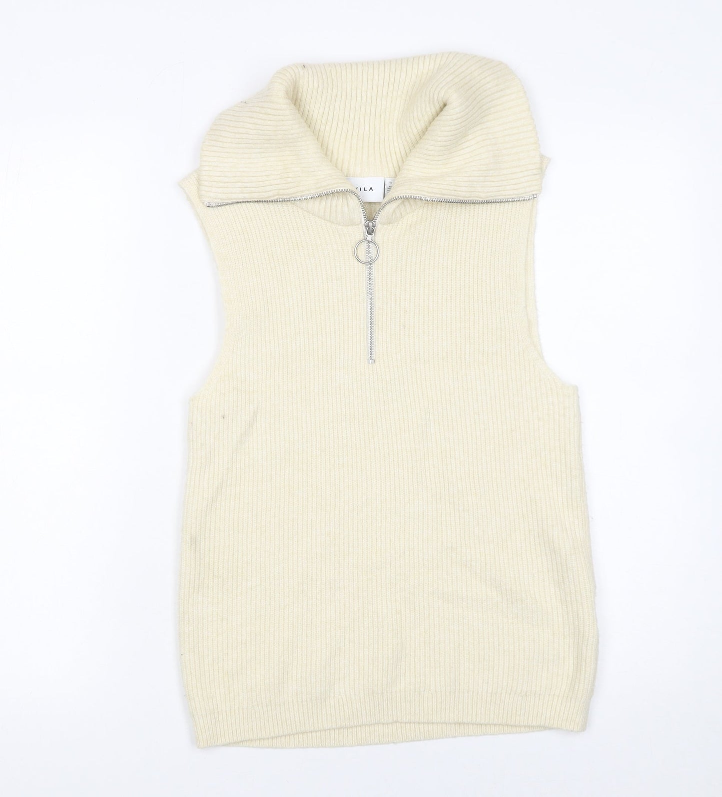 Vila Women Ivory Sleeveless High Neck Zip Knit Vest Jumper Size 8