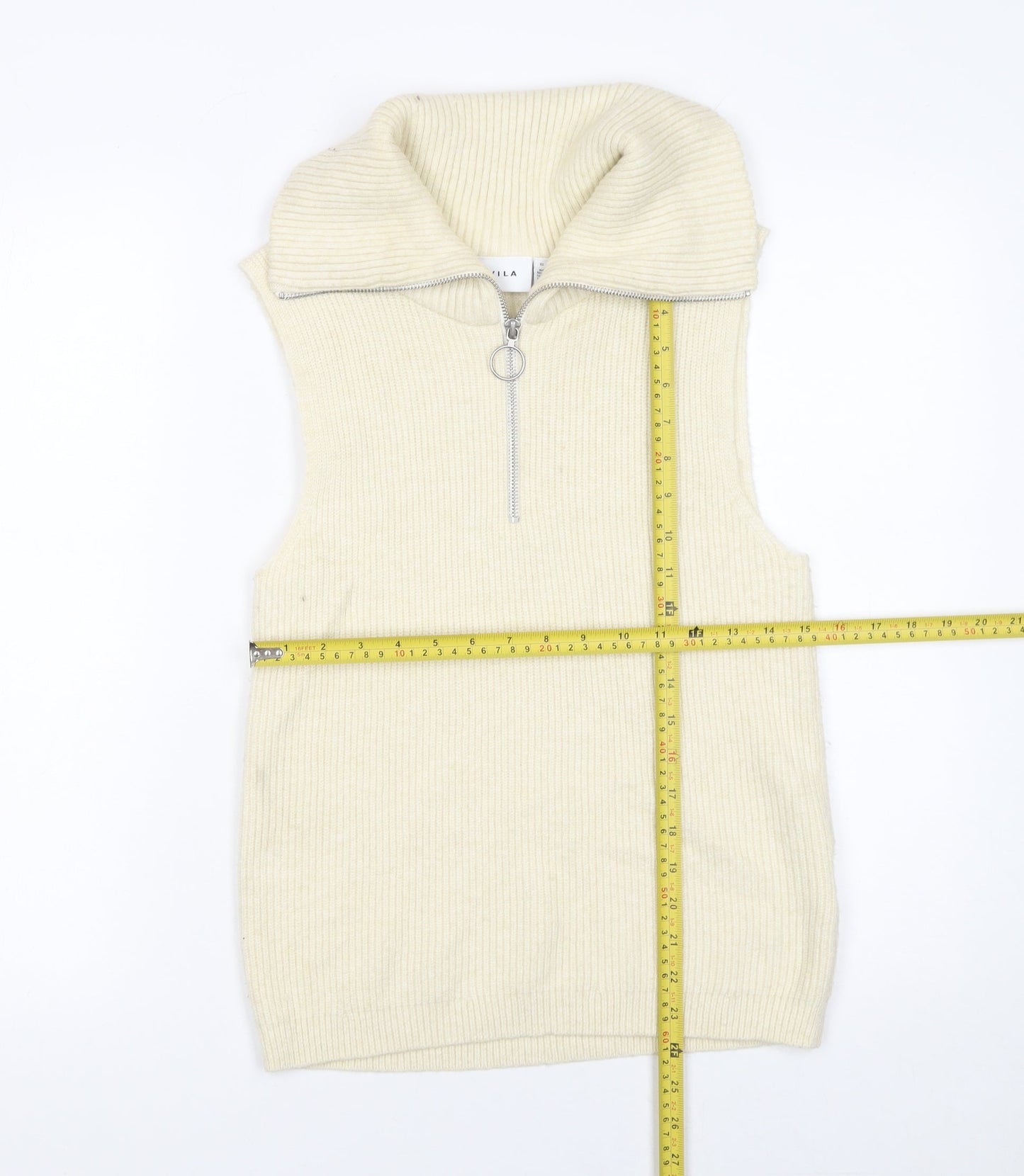 Vila Women Ivory Sleeveless High Neck Zip Knit Vest Jumper Size 8