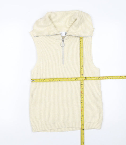 Vila Women Ivory Sleeveless High Neck Zip Knit Vest Jumper Size 8
