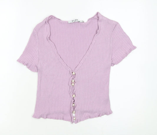 NA-KD Women's Purple Cropped Ribbed Button-Up Short Sleeve Top XS