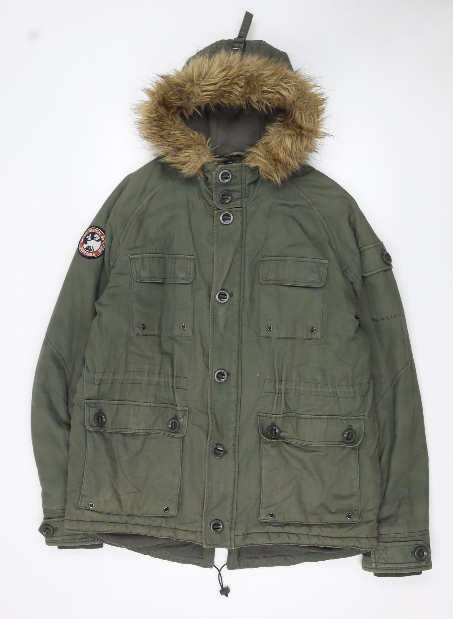 Quba Sails Women's Green Parka Jacket L Faux Fur Hood Cotton Winter Coat