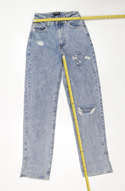 PrettyLittleThing Petite Light Blue Distressed Straight Jeans UK 4