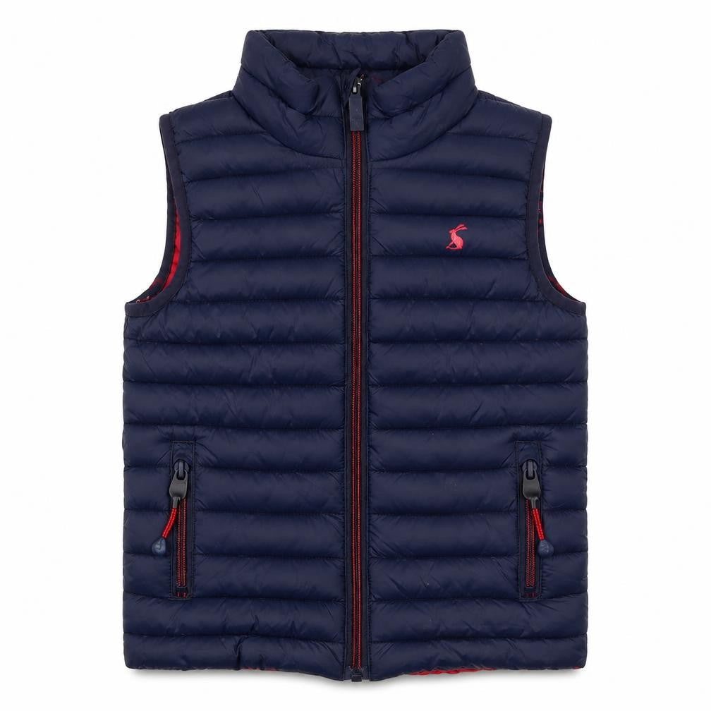 Front view of Joules boys’ blue padded quilted bodywarmer gilet 4 years