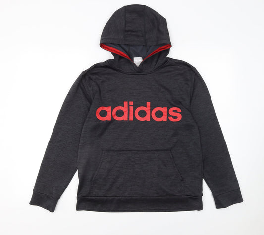 Adidas Boys Black Pullover Hoodie Size 14-16 Years Red Logo Sweatshirt