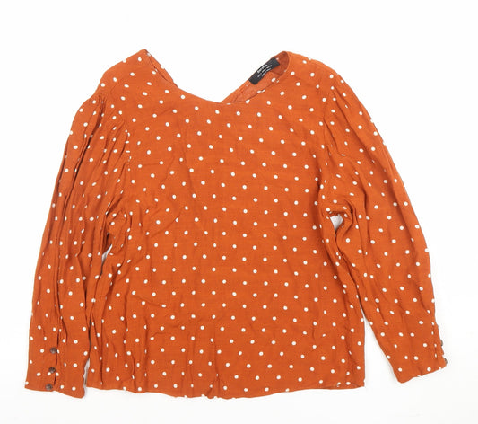 Bershka Women’s Orange Polka Dot Long Sleeve V-Neck Blouse Size 8