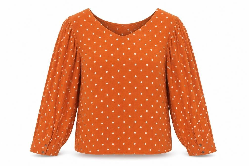 Bershka Women’s Orange Polka Dot Long Sleeve V-Neck Blouse Size 8