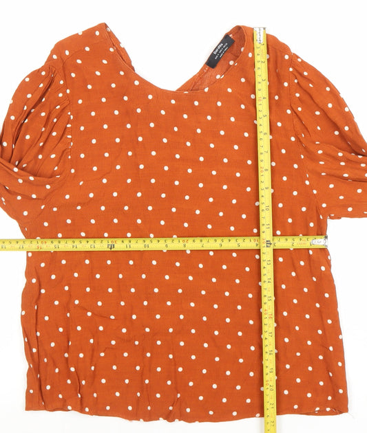 Bershka Women’s Orange Polka Dot Long Sleeve V-Neck Blouse Size 8