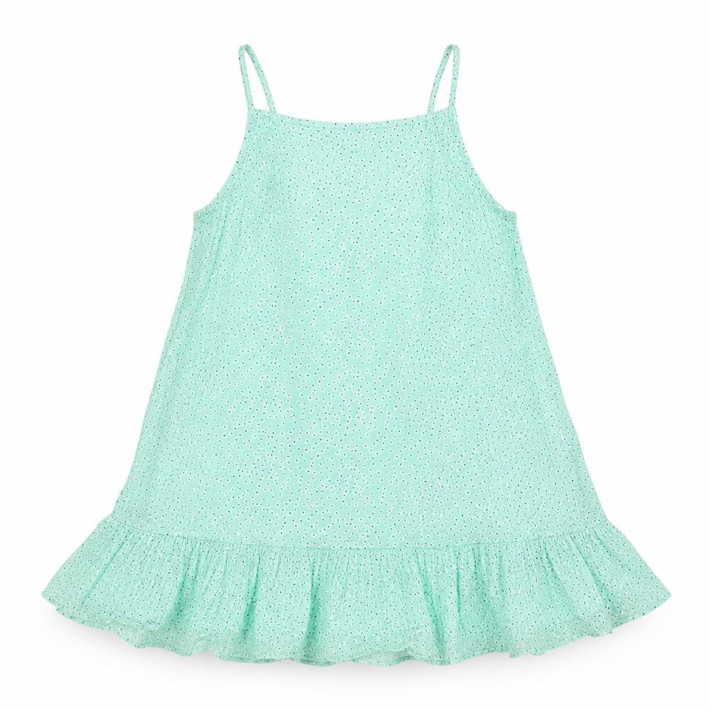 Front view of Dunnes girls’ green polka dot viscose trapeze dress 9-10 years