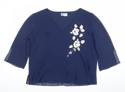 JD Collection Women's Blue Embroidered 3/4 Sleeve Blouse Size 22
