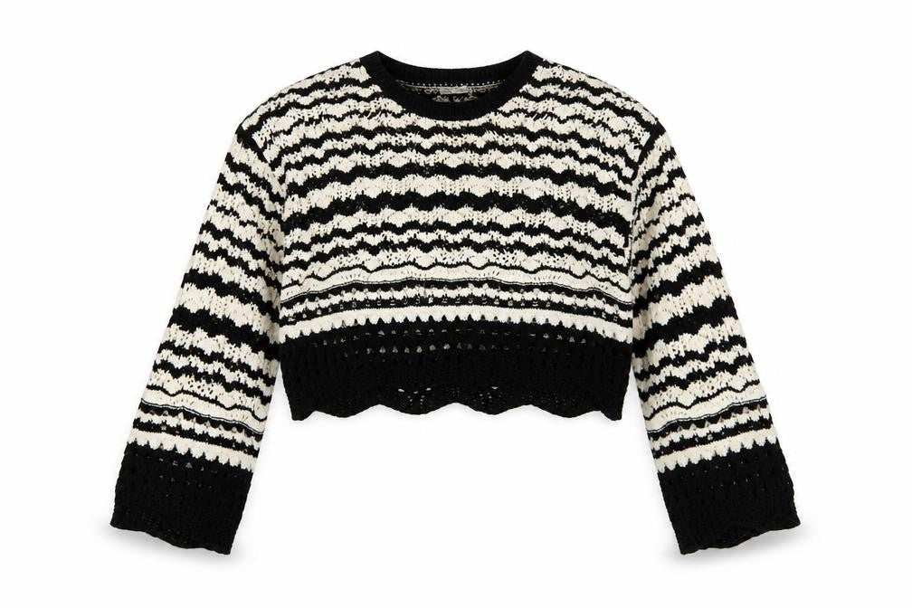 ZARA Womens Black White Striped Crochet Knit Jumper Size L