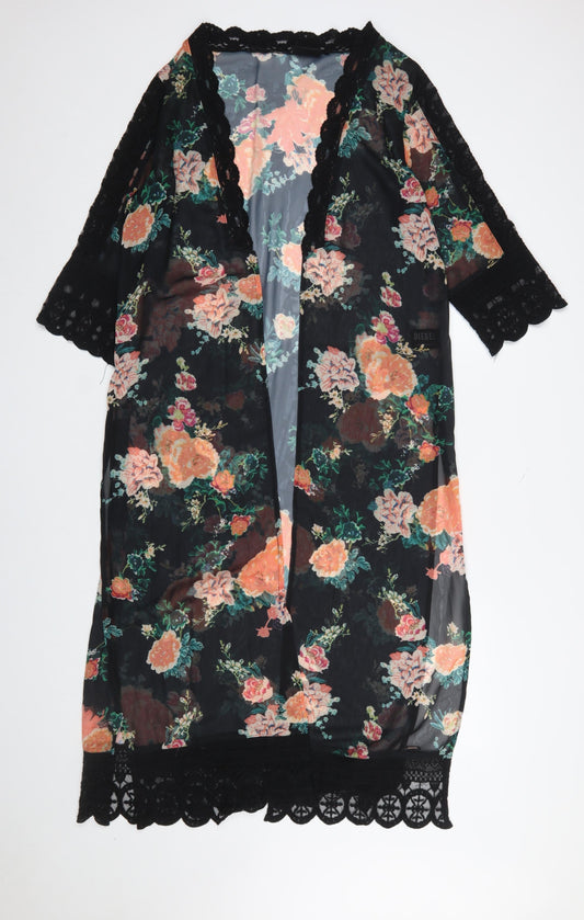Diesel Women’s Black Floral Sheer Kimono Blouse M Lace Trim Summer Top