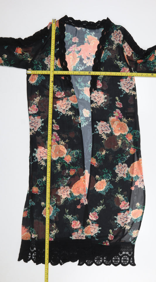 Diesel Women’s Black Floral Sheer Kimono Blouse M Lace Trim Summer Top