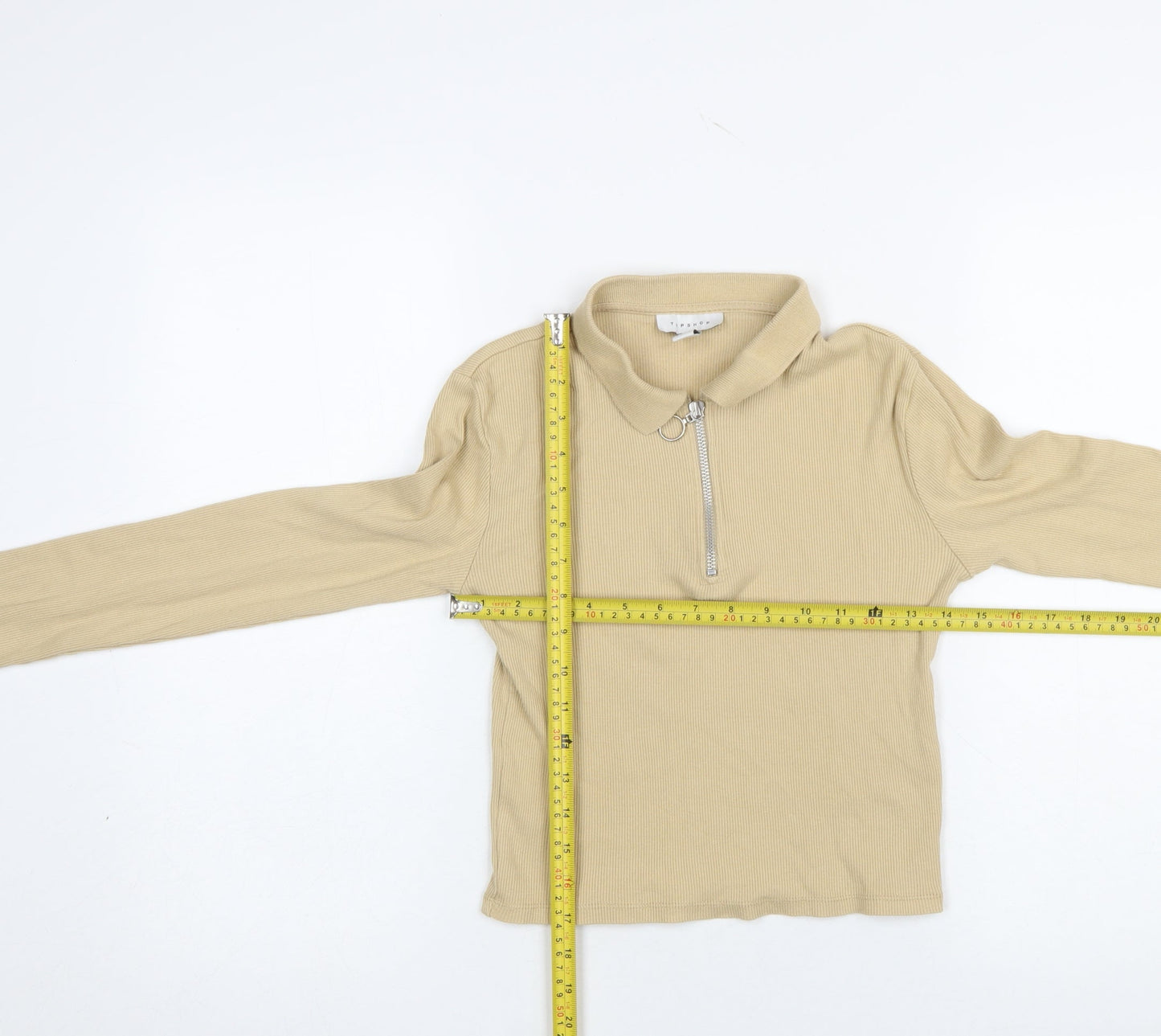 Topshop Women’s Beige Collared Zip Long Sleeve Cotton Top UK 10