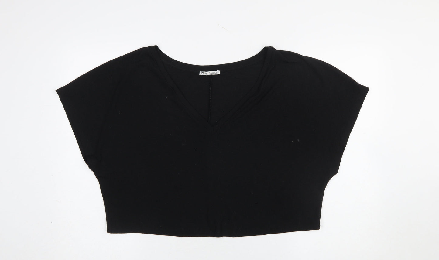 ZARA Womens Black Cropped V-Neck Short Sleeve T-Shirt Size S