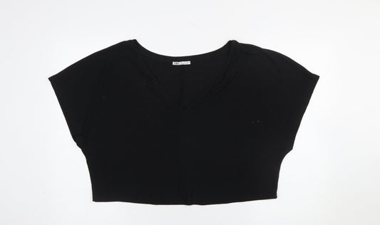 ZARA Womens Black Cropped V-Neck Short Sleeve T-Shirt Size S