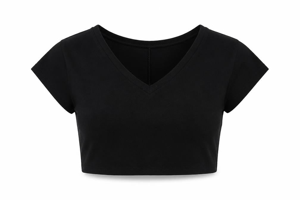 ZARA Womens Black Cropped V-Neck Short Sleeve T-Shirt Size S