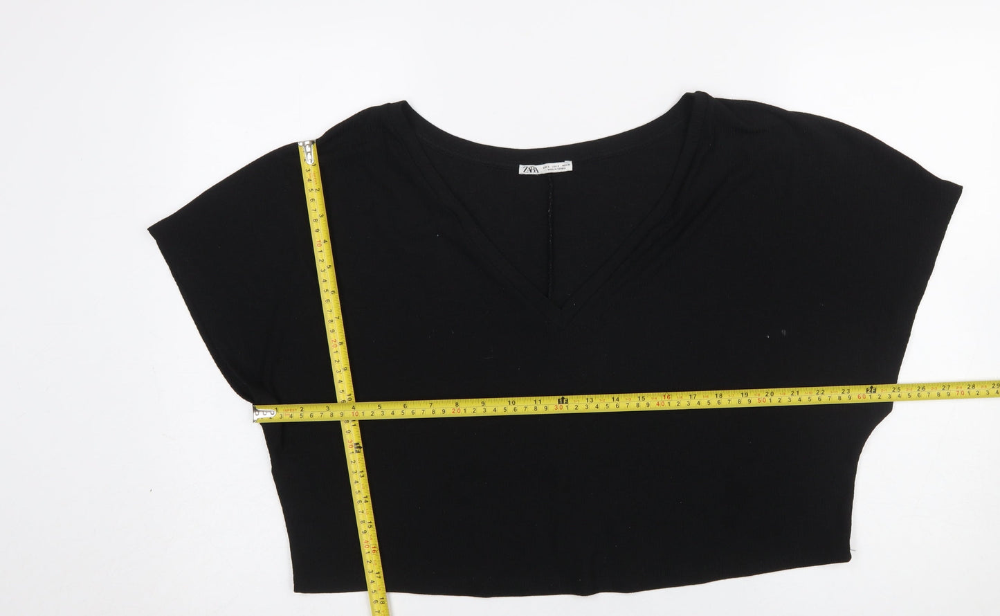 ZARA Womens Black Cropped V-Neck Short Sleeve T-Shirt Size S