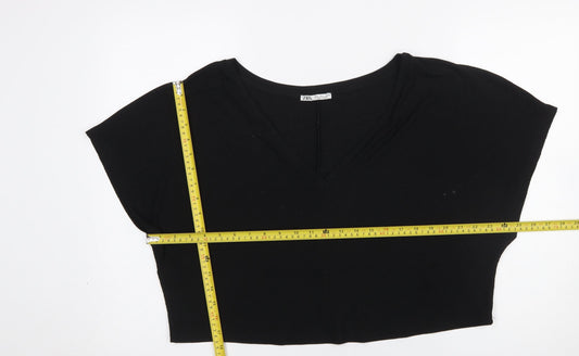 ZARA Womens Black Cropped V-Neck Short Sleeve T-Shirt Size S