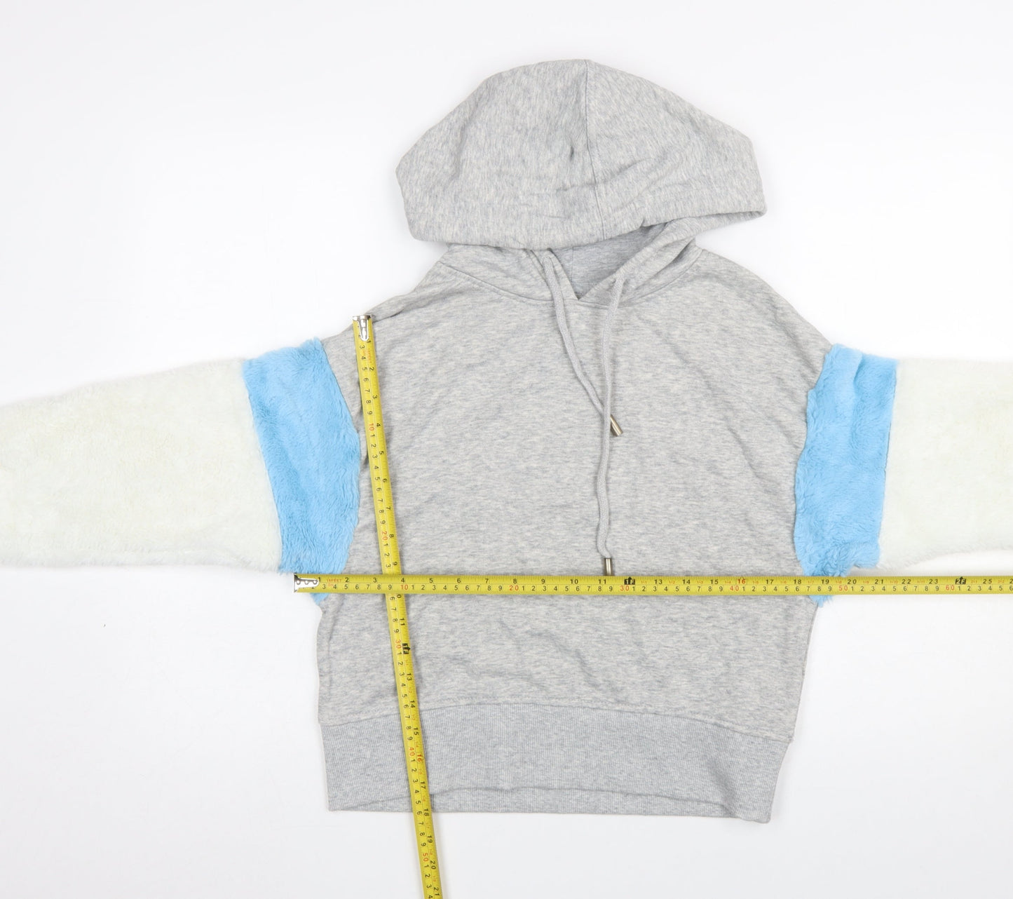 Bershka BSK Girl Women's Grey Pullover Hoodie S Colourblock Faux Fur Sleeves