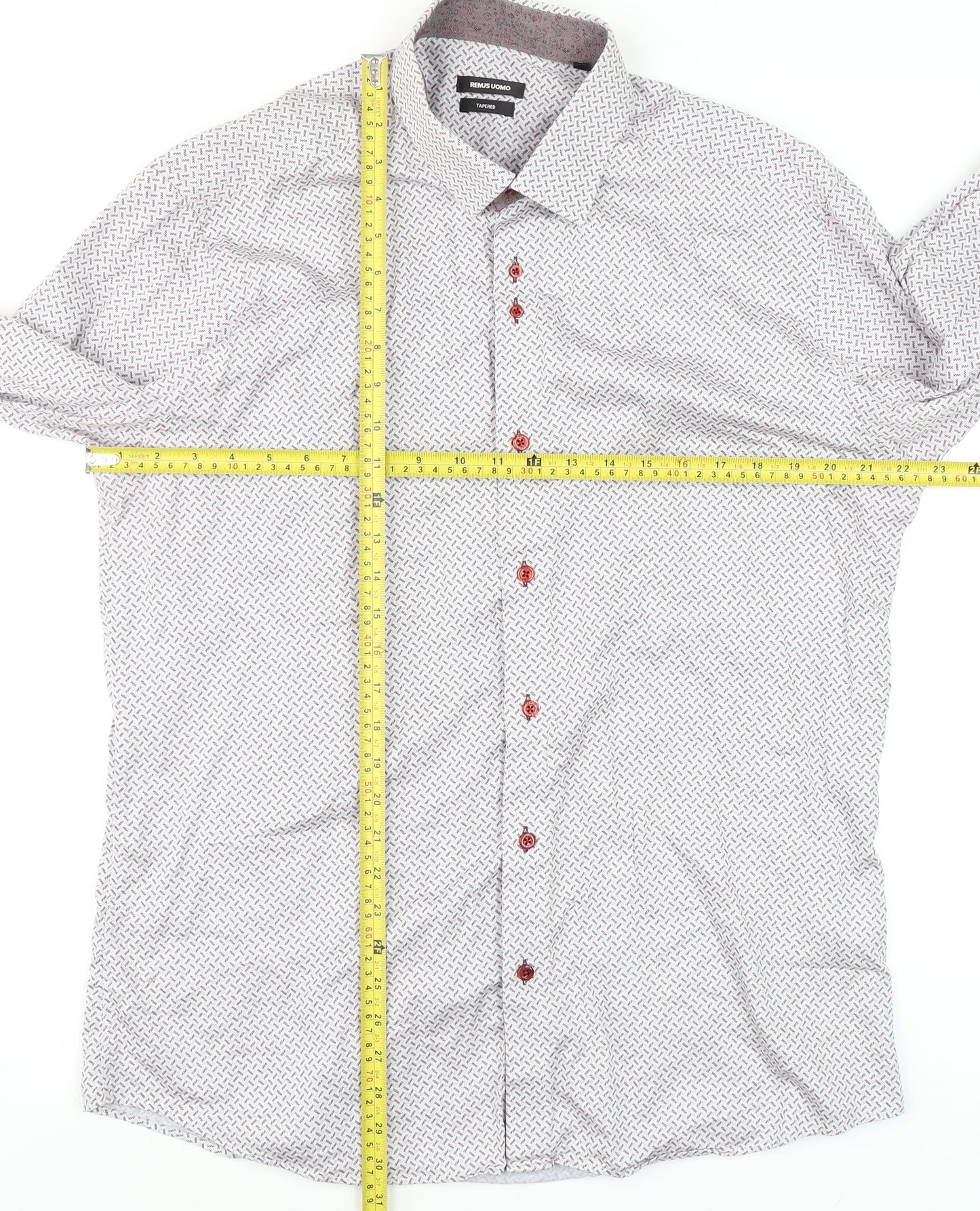 Remus Uomo Men's White Geometric Tapered Dress Shirt 17in 43cm Slim Fit