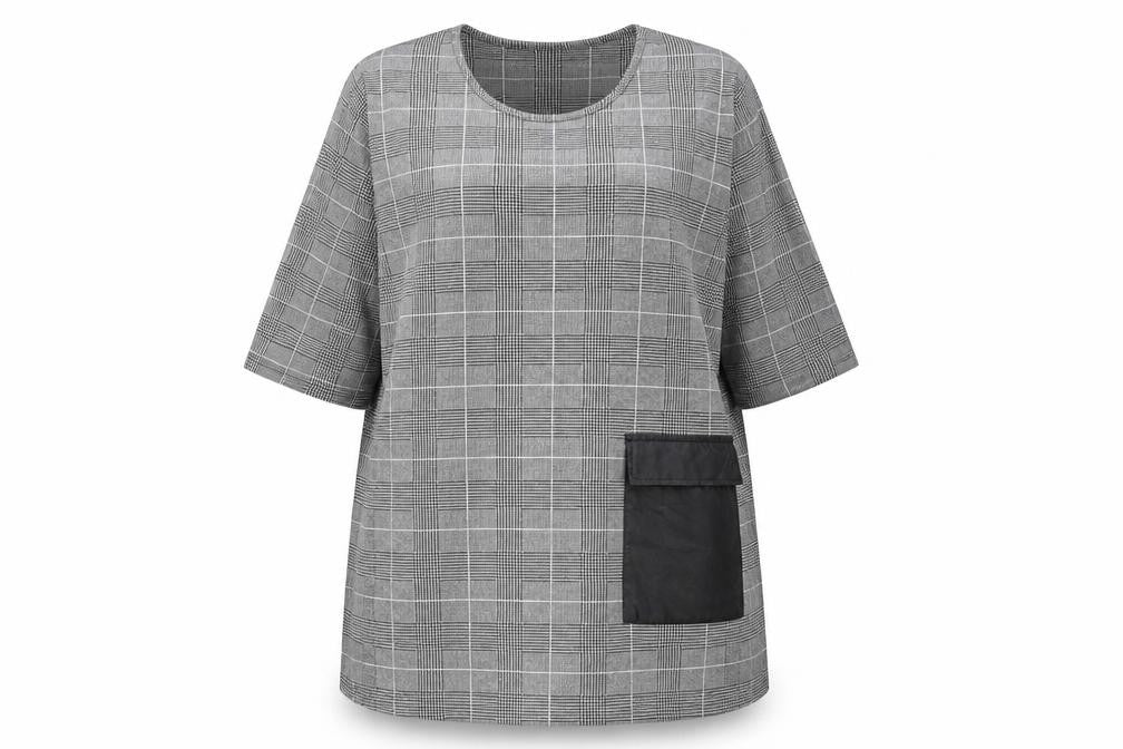 Zhenzi Women Grey Check Tunic Blouse M 3/4 Sleeve Classic Work Top
