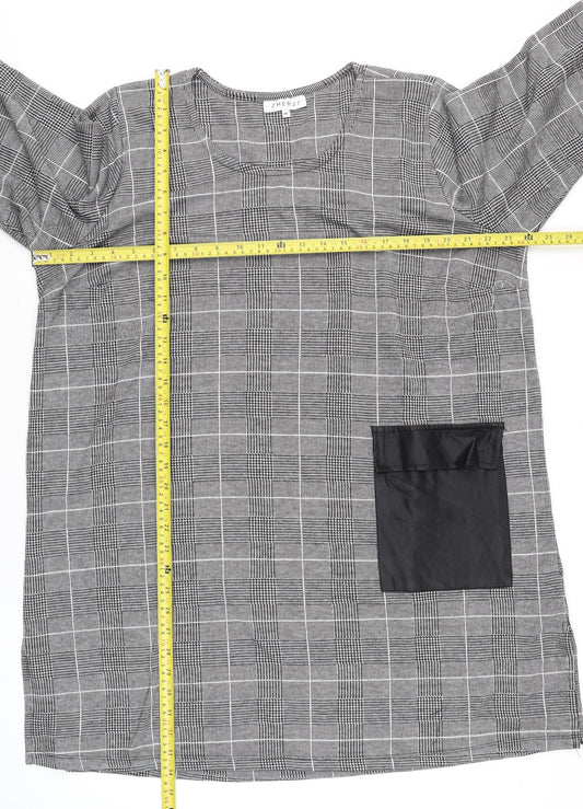 Zhenzi Women Grey Check Tunic Blouse M 3/4 Sleeve Classic Work Top