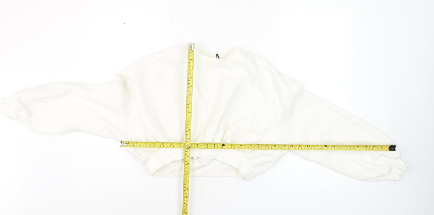 Zara Women White Cotton Blend Cropped Pullover Sweatshirt S