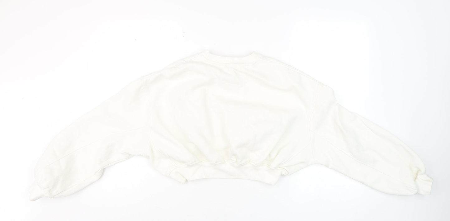 Zara Women White Cotton Blend Cropped Pullover Sweatshirt S