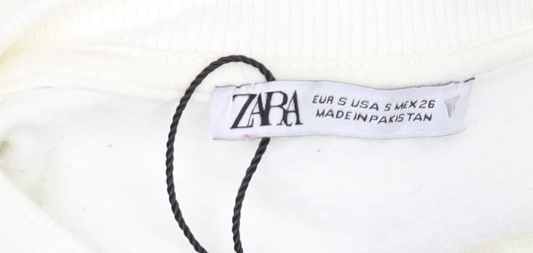 Zara Women White Cotton Blend Cropped Pullover Sweatshirt S