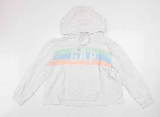 GAP Women White L Pullover Hoodie Logo Print 90% Cotton Casual