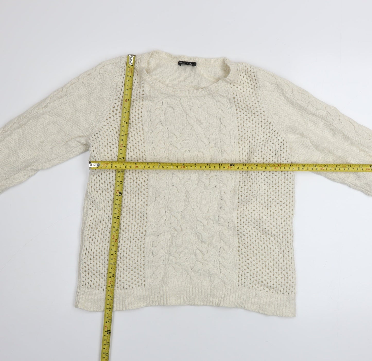 Ann Taylor Women Ivory Wool Blend Cable Knit Pullover Jumper L