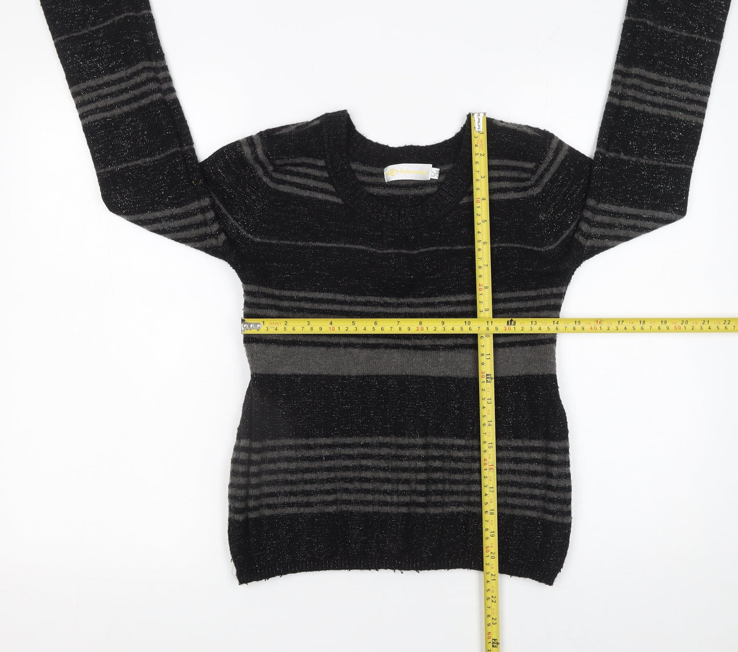 Yufascreation Women's Black Striped Wool Pullover Jumper M