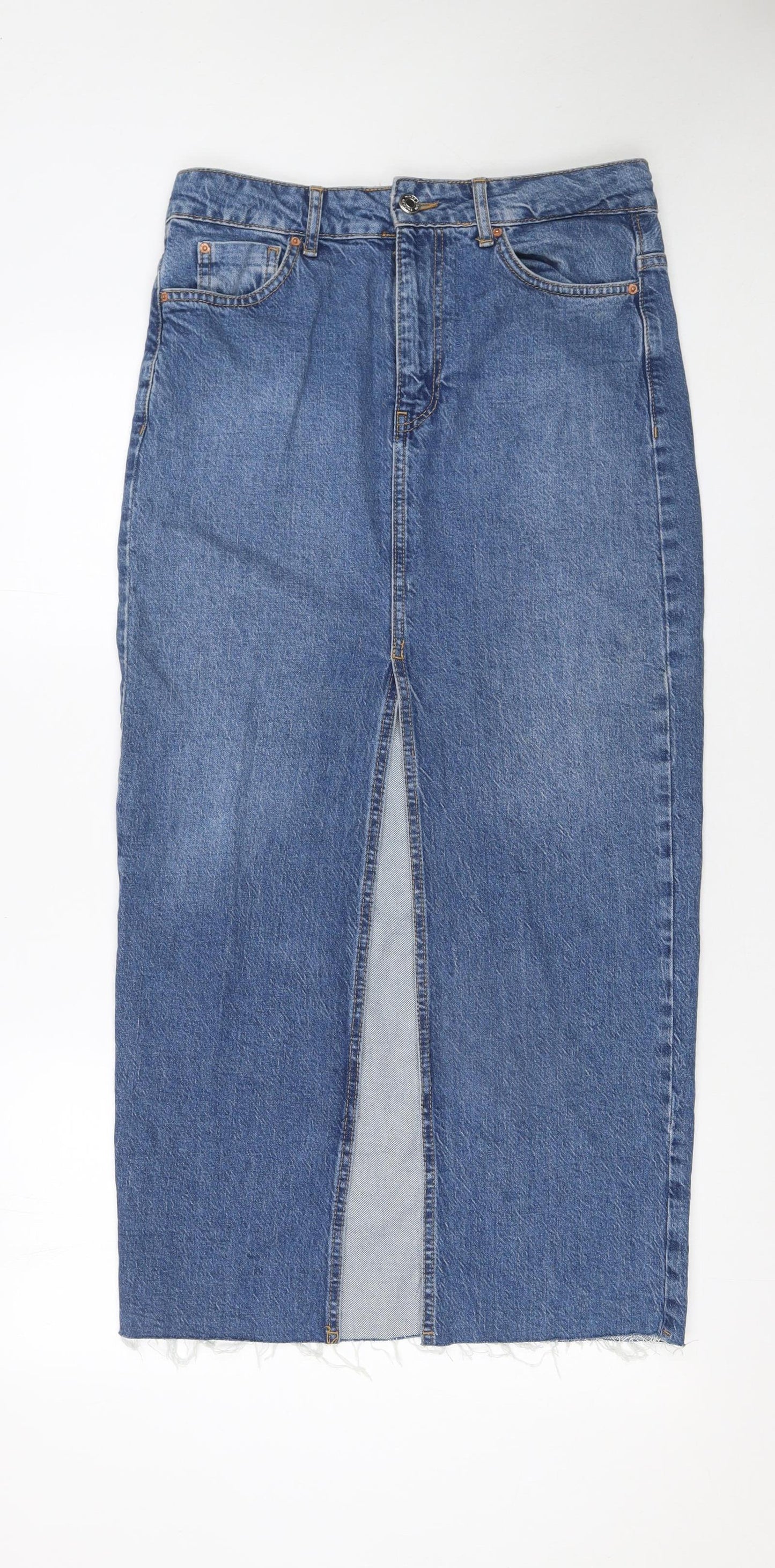 Stradivarius Women Blue Denim Midi Skirt UK 8 Straight Pencil Style