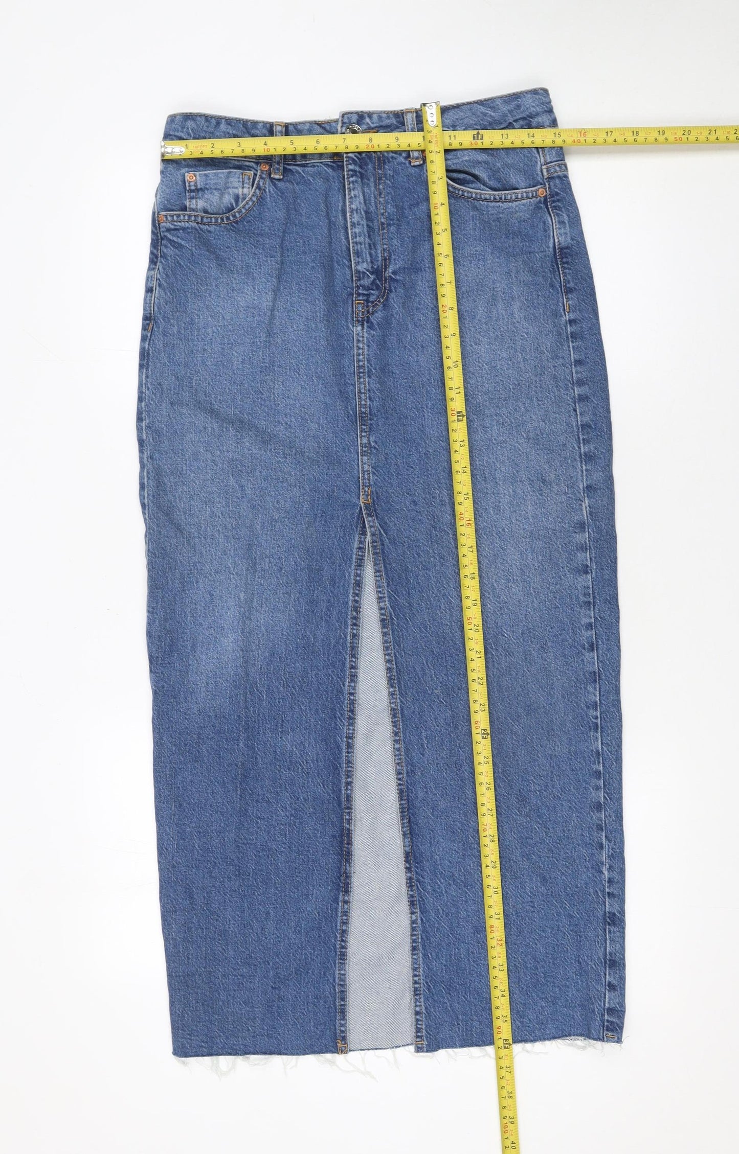 Stradivarius Women Blue Denim Midi Skirt UK 8 Straight Pencil Style