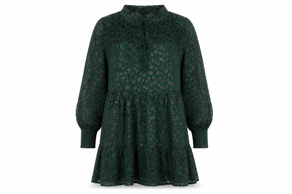 Front view of Gallery Women Green Animal Print Knee Length A-Line Dress, size S