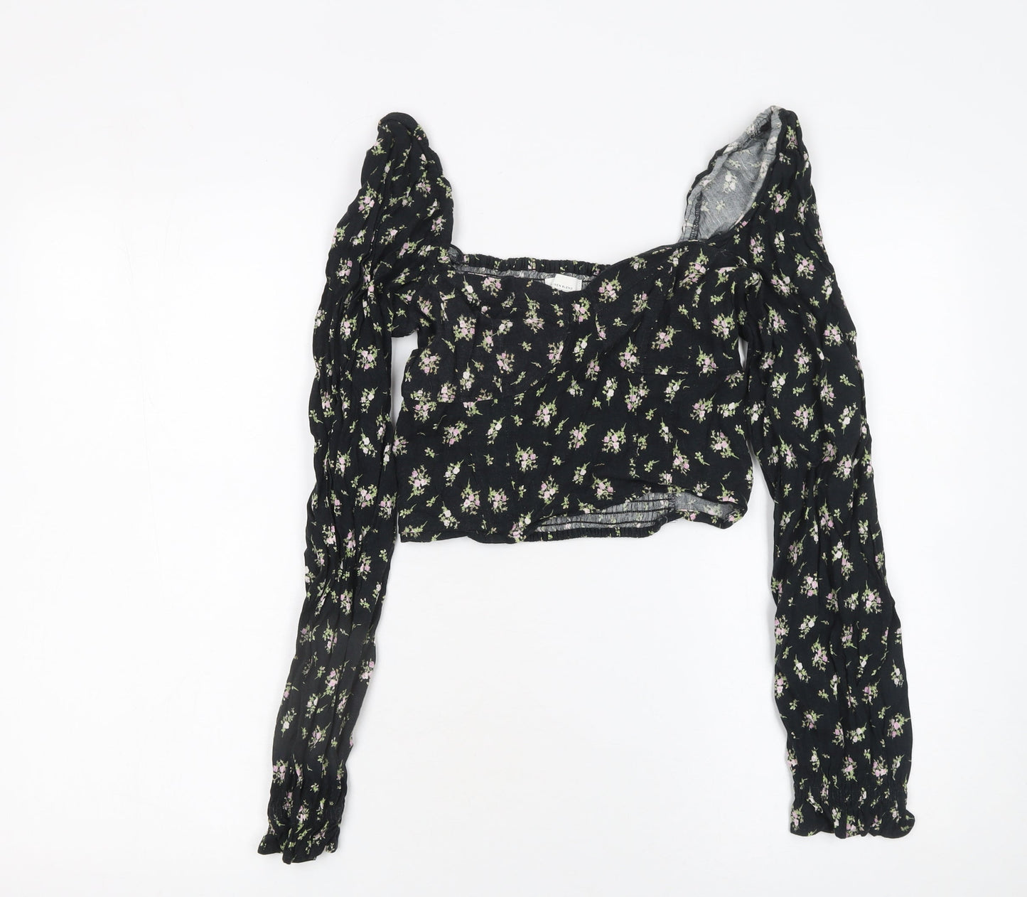 H&M Womens Black Floral Cropped Linen Blend Puff Sleeve Blouse Size 8