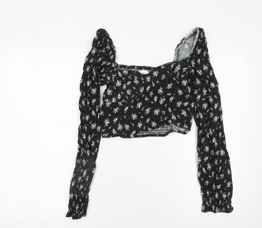 H&M Womens Black Floral Cropped Linen Blend Puff Sleeve Blouse Size 8