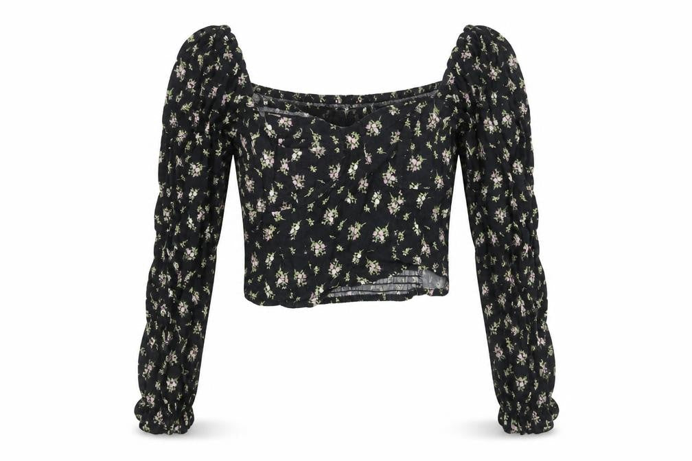 H&M Womens Black Floral Cropped Linen Blend Puff Sleeve Blouse Size 8