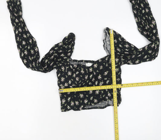 H&M Womens Black Floral Cropped Linen Blend Puff Sleeve Blouse Size 8