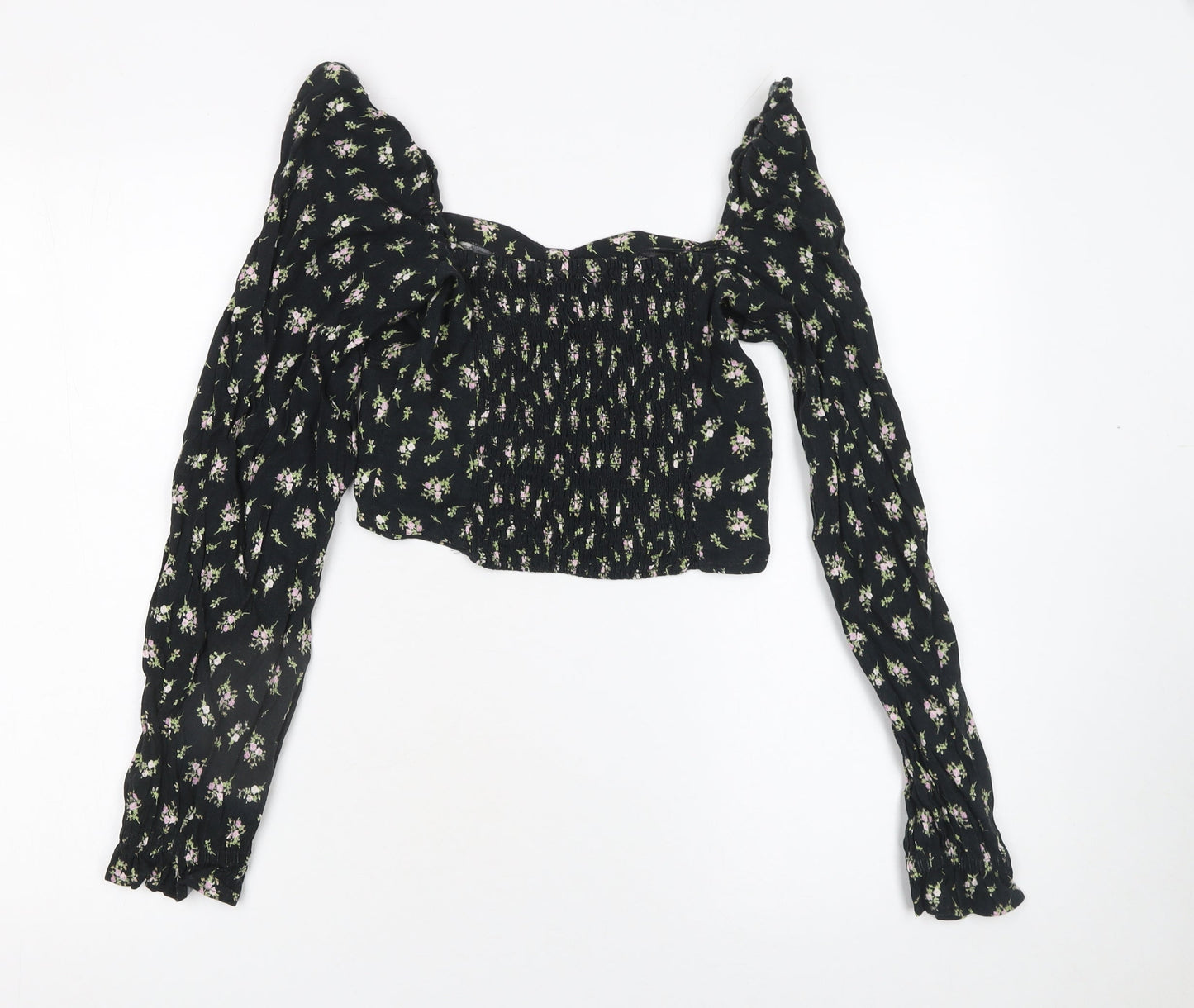 H&M Womens Black Floral Cropped Linen Blend Puff Sleeve Blouse Size 8