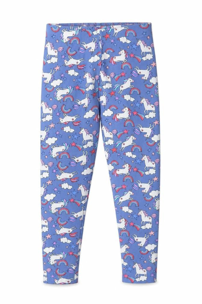 Front view of Next girls’ blue unicorn rainbow leggings 11 years ankle length stretch cotton