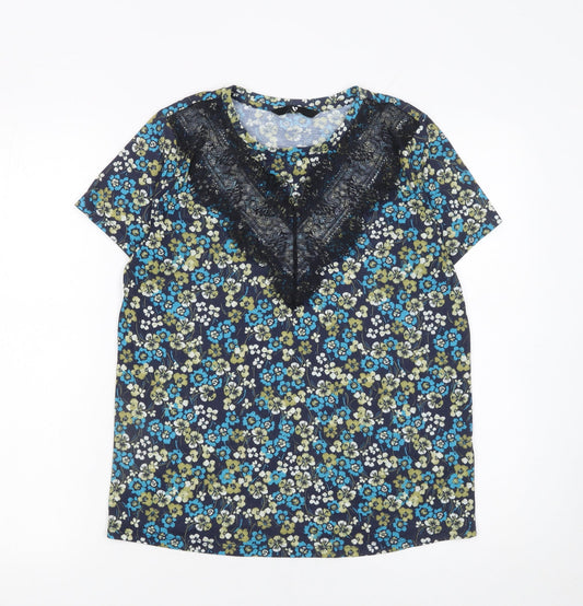 Very Women's Blue Floral Lace Accent Short Sleeve Blouse UK 10