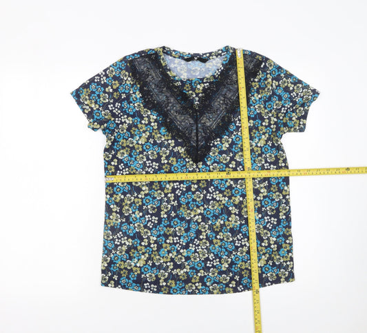 Very Women's Blue Floral Lace Accent Short Sleeve Blouse UK 10