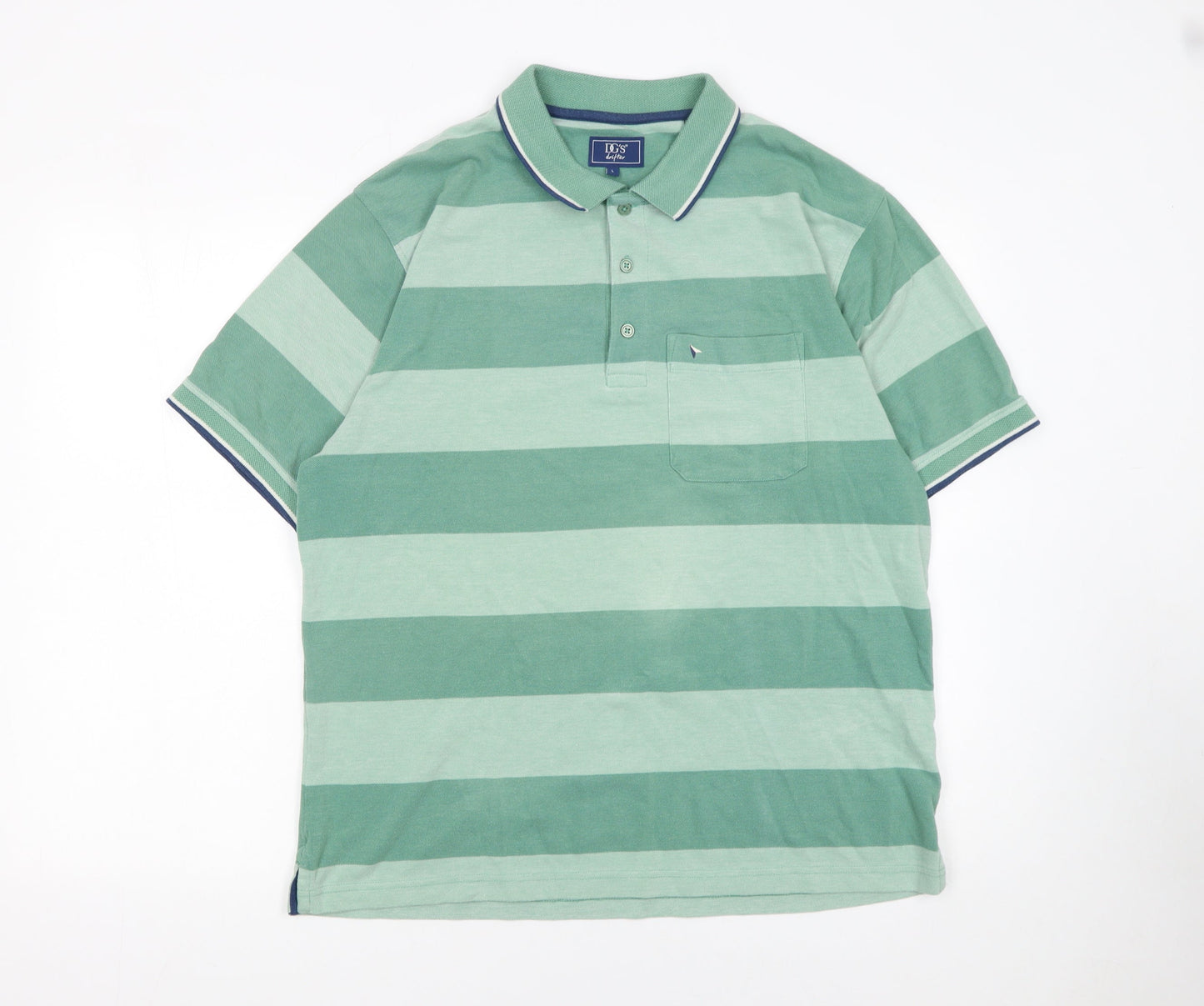 DG'S Drifter Men's Green Striped Polo Shirt Size L Cotton Blend